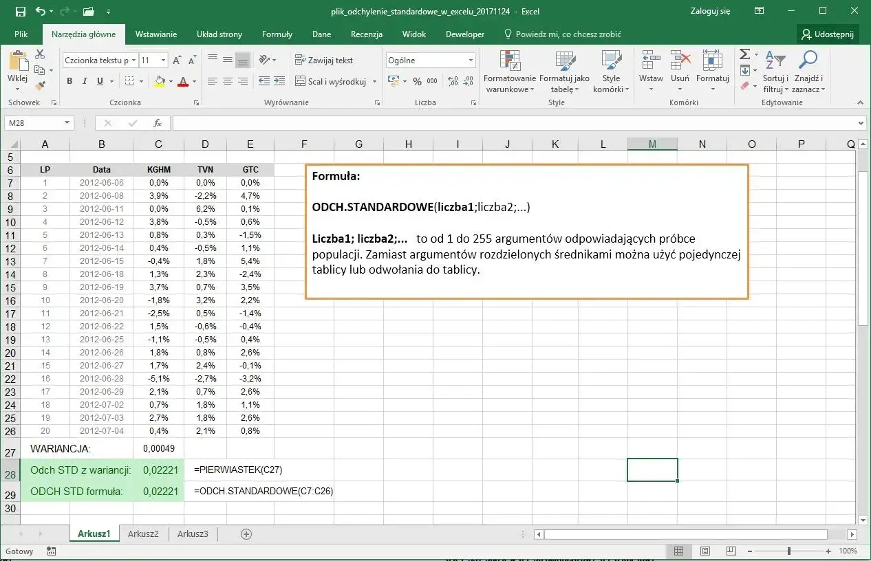 W Excelu formuła ODCH.STANDARDOWE oblicza odchylenie standardowe dla danych z kolumny C.