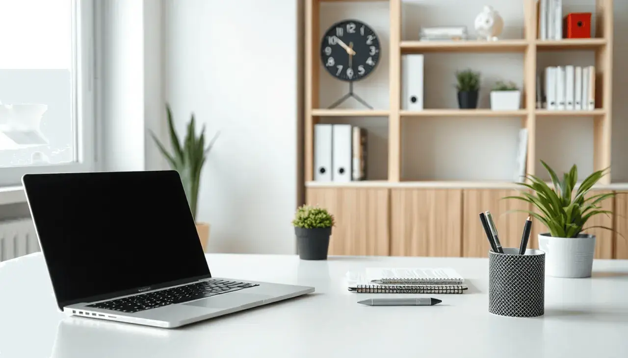 Nowoczesny office setup: laptop, notatniki, pióra i rośliny na biurku. W tle regał z książkami i zegarem.