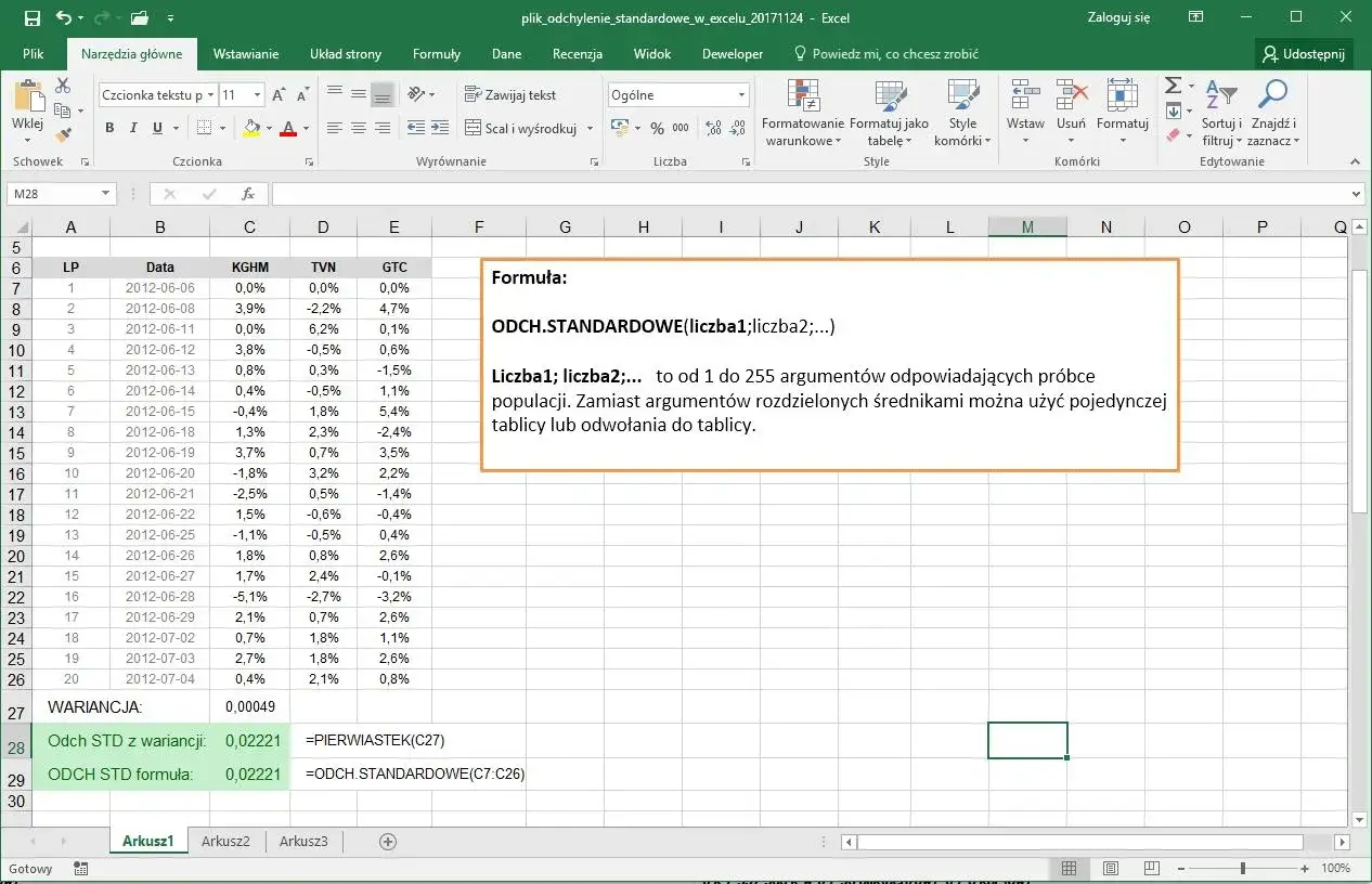 Arkusz Excel z danymi i formułą ODCH.STANDARDOWE.