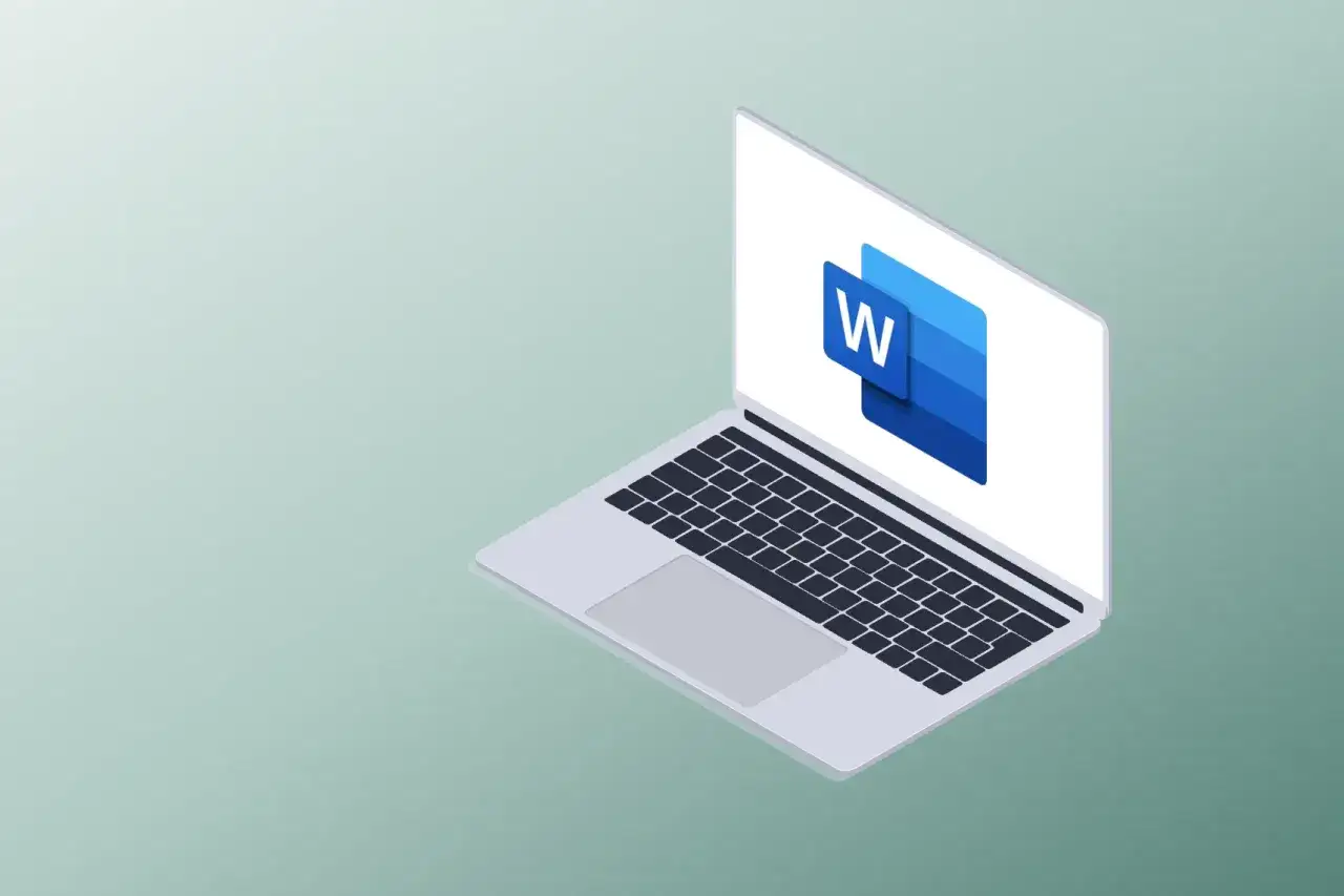 Laptop z ikoną Microsoft Word. Tworzenie dokumentów, gdzie każdy znak, nawet twarda spacja, ma znaczenie.