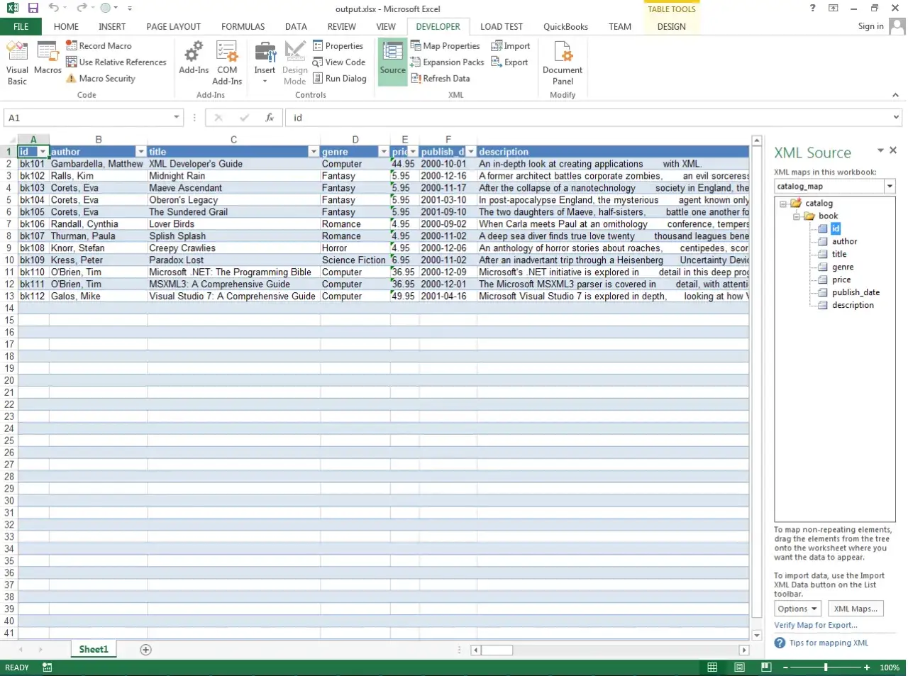 Excel z danymi książek, panel 