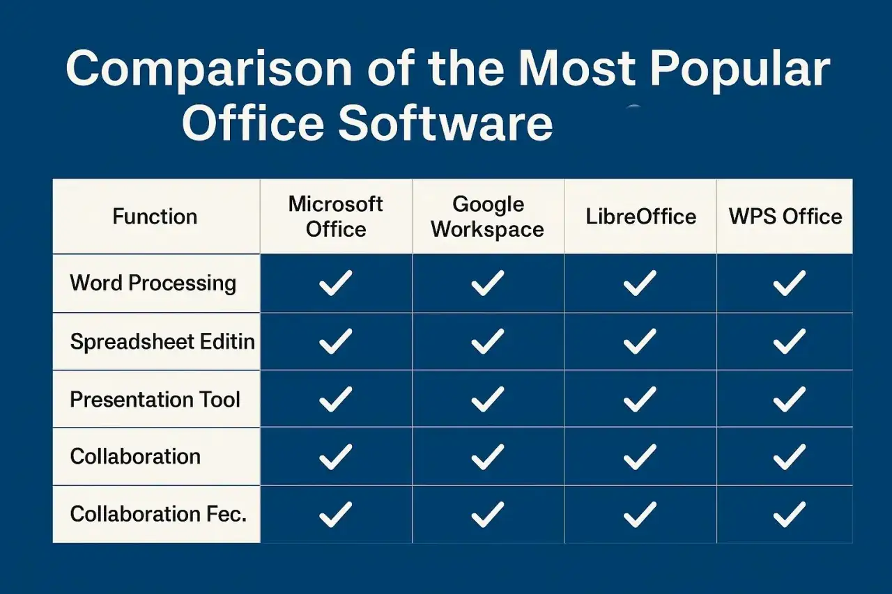 Porównanie popularnych pakietów biurowych, w tym Microsoft Office 2021, z zaznaczonymi funkcjami: przetwarzanie tekstu, arkusze, prezentacje i współpraca.