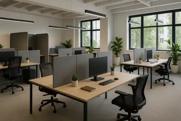 Nowoczesny openspace z biurkami, krzesłami i przegrodami. Duże okna wpuszczają światło, tworząc przestronną atmosferę.