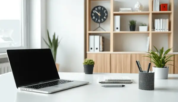 Nowoczesny office setup: laptop, notatniki, pióra i rośliny na biurku. W tle regał z książkami i zegarem.